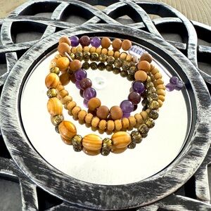 Beaded Bracelet Set in Natural wood, purple and bronze / stack of three